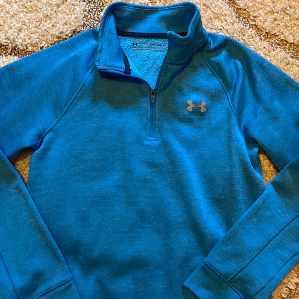 YM boys 1/3 zip sweat jacket. Heathered blue with gray logo.